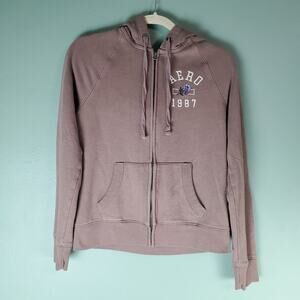 Aeropostale Womens Mocha Brown Zip Up Floral Embroidered Hoodie Size Medium
